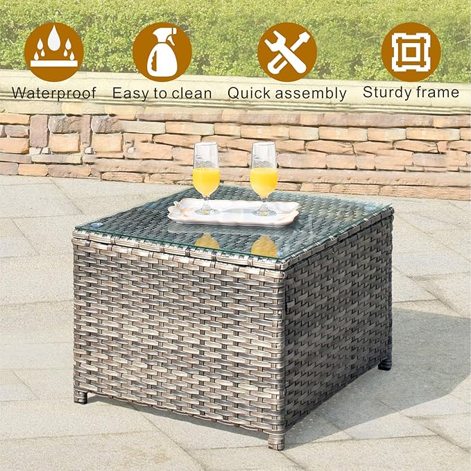 ovios Outdoor Patio Coffee Table with Tempered Glass Top Wicker Side Tables for Garden Porch Yard Deck Balcony, Grey Rattan