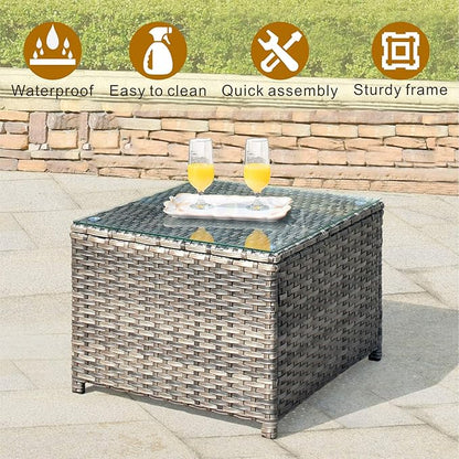 ovios Outdoor Patio Coffee Table with Tempered Glass Top Wicker Side Tables for Garden Porch Yard Deck Balcony, Grey Rattan