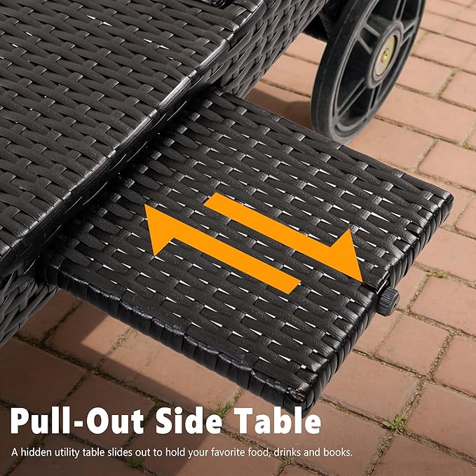 Patio Wicker Chaise Lounge Chairs Set of 2, Outdoor Reclining Lounge Chair w/Rolling Wheels, Pull-Out Side Table - Photo 7