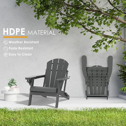 IVY&LANE Folding-Adirondack-Chair | HDPE Plastic | Outdoor Fire Pit Chairs with Cup Holder | Grey | Poly | Weather Resistant | for Patio Deck Poolside Garden Beach