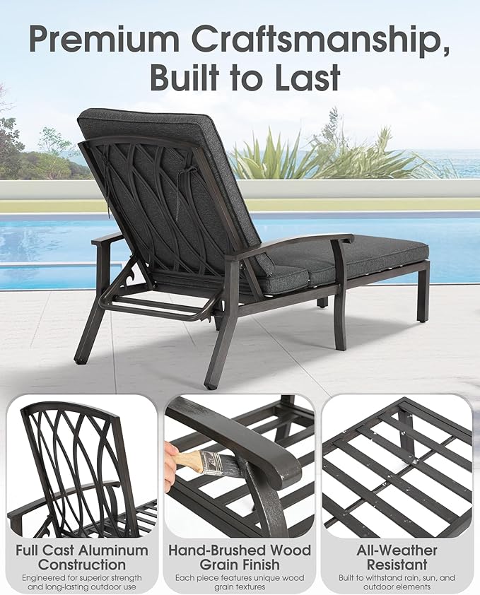 HOMEFUN Chaise Lounge Chair Set of 2, Hand-Finished Wood Grain Cast Aluminum Reclining Loungers with Cushions - Photo 4