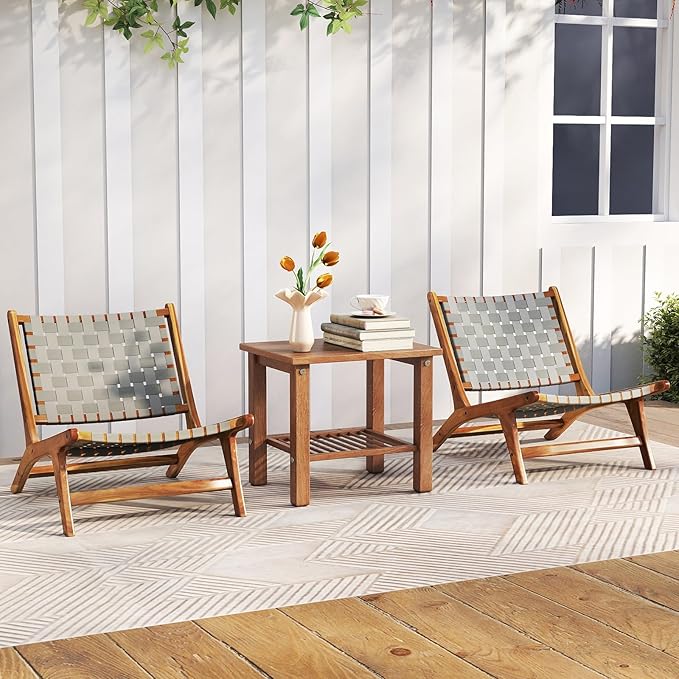 Tangkula Patio Teak Wood Chair Set of 2, Outdoor Mid-Century Accent Chair with Nylon Webbing Seat & Back, for Backyard - Photo 2