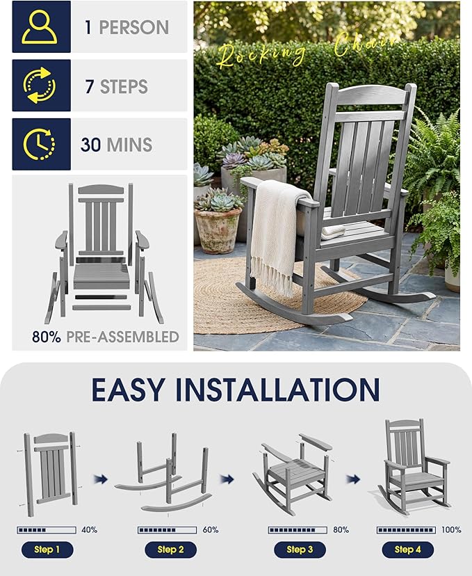 KINGYES HDPE Outdoor Rocking Chair Set of 2, All-Weather Patio Rocking Chair, Weather Resistant Porch Rocker for Adults, Light Gray