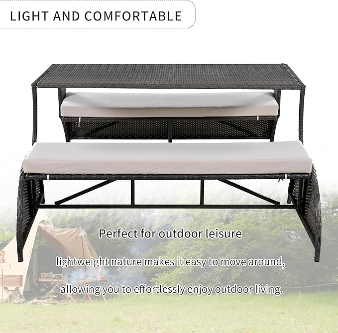 2-in-1 Convertible Picnic Upholstered Bench,57.1" Outdoor Loveseat,Portable Picnic Table Couch,Convertible to 4 Seats&1 Table,for Garden,Lawn,Backyard,Porch,Patio, Beige