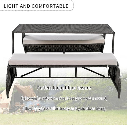 2-in-1 Convertible Picnic Upholstered Bench,57.1" Outdoor Loveseat,Portable Picnic Table Couch,Convertible to 4 Seats&1 Table,for Garden,Lawn,Backyard,Porch,Patio, Beige