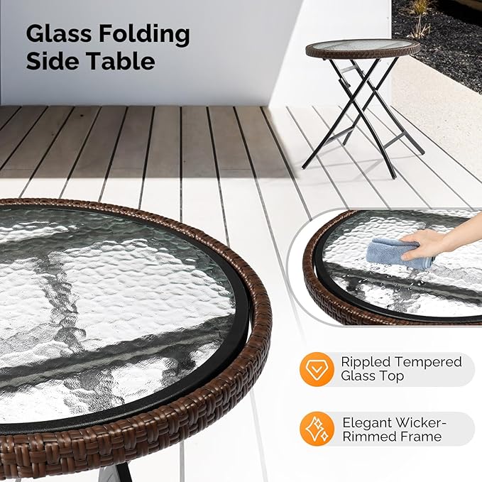 VINGLI 19in Modern Brown Rattan Folding Glass Outdoor Side Table, Small Patio Table with Tempered Glass Top,Round,1 Pack - Photo 4