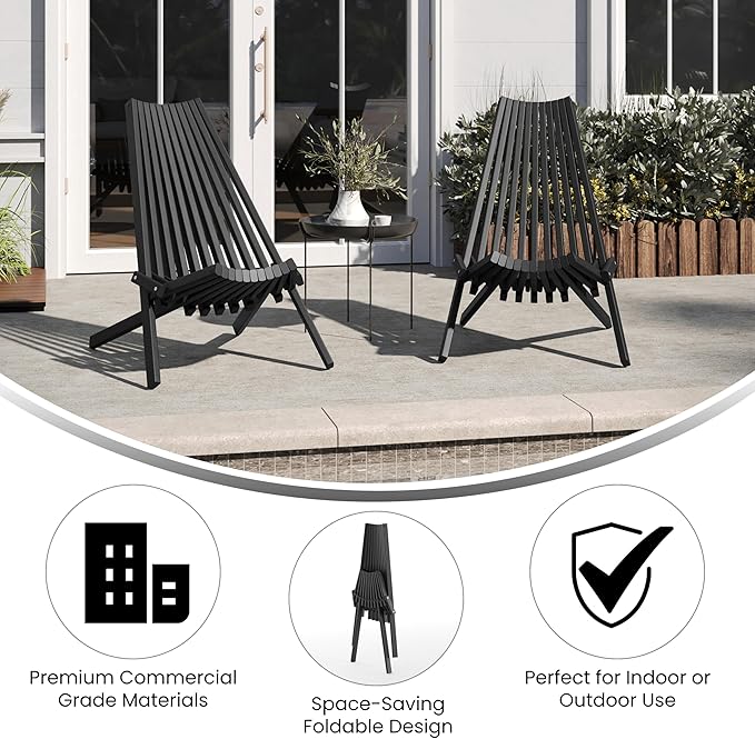 Flash Furniture Delia Commercial Indoor/Outdoor Wood Folding Chair, Low Profile Lounge for Patio, Porch, or Garden, Versatile Weather-Resistant Acacia Wood, Black