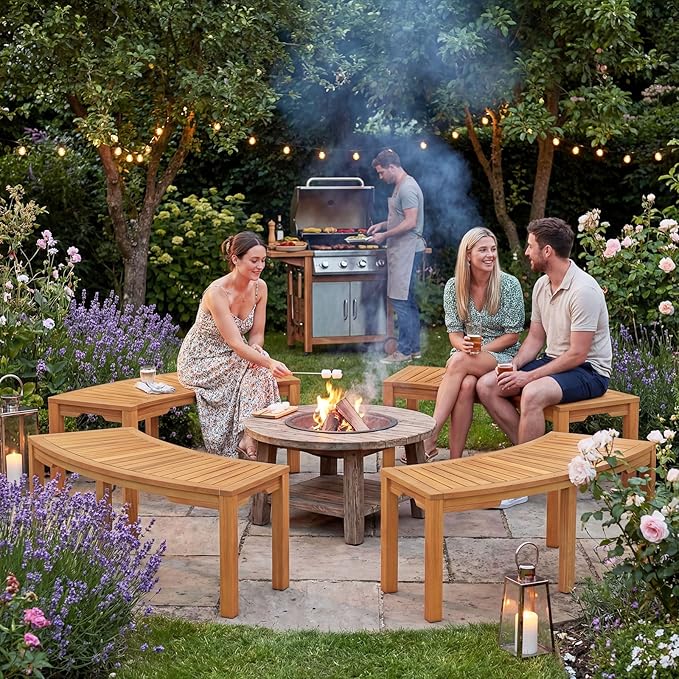 RELAX4LIFE Wooden Outdoor Curved Bench - Acacia Wood Garden Bench w/Slatted Seat, 2-Person Outside Backless Seating for Porch Backyard Deck Park, 800 LBS Load Capacity, Patio Fire Pit Bench (2, 45'')