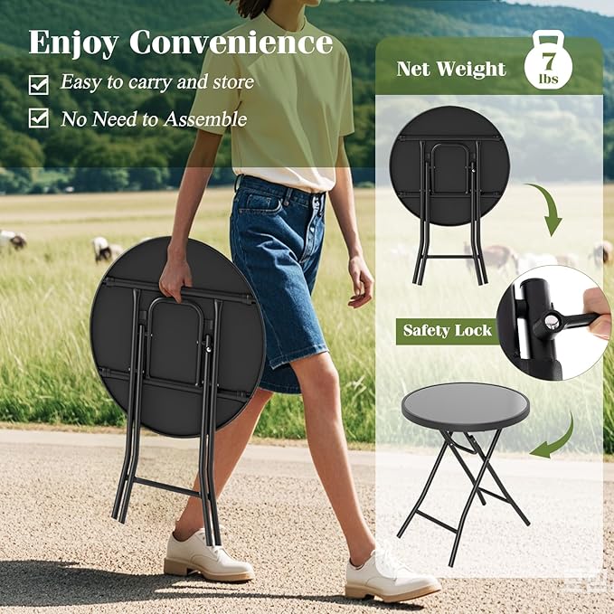 Giantex Folding Outdoor Side Table with Tempered Glass Tabletop & Metal Frame, Portable 18” Round End Table for Patio, Sofa Side, Yard, Porch, Poolside Living Room, Black