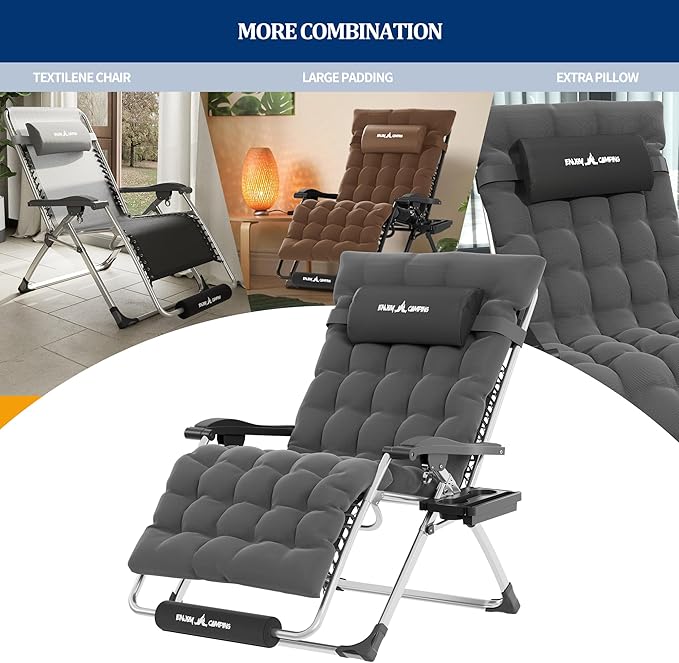 UDPATIO Oversized Zero Gravity Chair Set of 2, 29In XXL Patio Reclining Chair with Cushion, Outdoor Folding Recliner - Photo 4