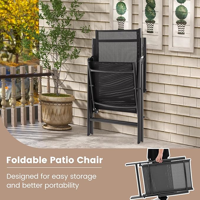 Giantex 2 Pack Folding Patio Chairs, High Back Outdoor Chairs with 7-Level Adjustable High Backrest, Portable Reclining Chairs for Lawn Porch Garden Poolside Camping, No Assembly, Black