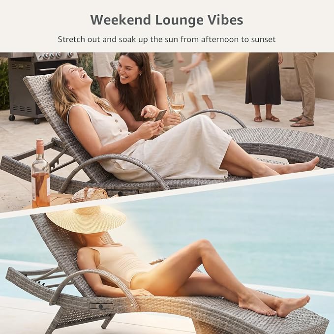 Set of 4 Gray Outdoor Chaise Lounge Chairs, Wicker Patio Lounge Chairs with Adjustable Backrest and Armrests, Durable PE Rattan Pool Chair for Patio, Poolside and Garden