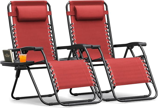 Homall Zero Gravity Patio Folding Lawn Reclining Lounge Chairs Outdoor Gravity Camp Chairs with Cup Holder Pillows for Poolside Backyard and Beach Set of 2 (Red)