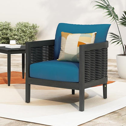 Merax Single Outdoor Acacia Wood Wicker Club Chair with Cushion,Patio Furniture Conversation Seat for Backyard Garden