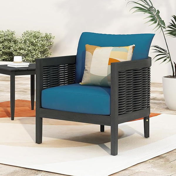 Merax Single Outdoor Acacia Wood Wicker Club Chair with Cushion,Patio Furniture Conversation Seat for Backyard Garden - Photo 1