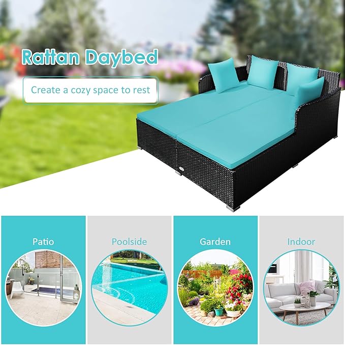 Tangkula Outdoor Rattan Daybed, Sunbed Wicker Furniture w/Spacious Seat, Upholstered Cushion & High-Resilience Sponge - Photo 9