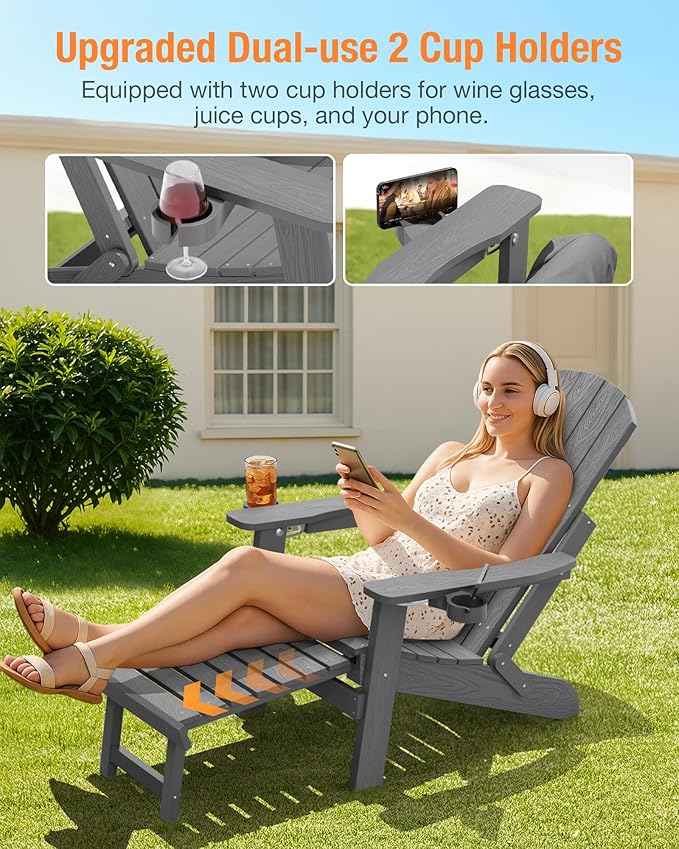 YEFU Folding Adirondack Chair Set of 4 with Footrest,Adjustable Adirondack Chair with Retractable Ottoman & 2 Cup Holder, 5-Level Adjustable Adirondacks Chairs, for Outdoor, Pool,Patio,Fire Pit (Grey)