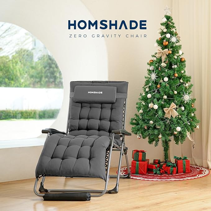 HOMSHADE XXL Zero Gravity Chair with Cushion, 33In Oversized Zero Gravity Lounge Chair, Patio Outdoor Recliner Chair for Indoor Outdoor with Headrest, Cup Holder, Footrest Support 500Lbs, Grey