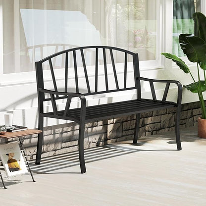Tangkula 51” Metal Outdoor Garden Bench, Patio Slatted Park Bench for 2-3 People, Park-Style Loveseat with Curved Armrests, Heavy-Duty Outdoor Seating for Backyard, Lawn, Porch