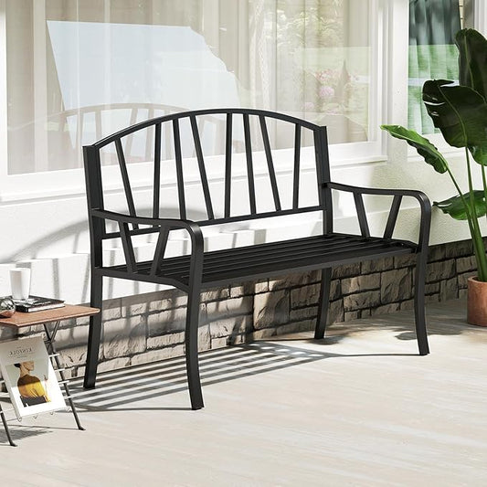 Tangkula 51” Metal Outdoor Garden Bench, Patio Slatted Park Bench for 2-3 People, Park-Style Loveseat with Curved Armrests, Heavy-Duty Outdoor Seating for Backyard, Lawn, Porch