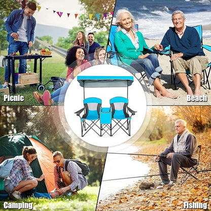 S AFSTAR Double Camping Chair w/Shade Canopy, 2-Person Folding Camp and Beach Chair with Mini Table Beverage Cup Holder Carrying Bag, Collapsible Camping Chairs for Garden Patio Pool Beach