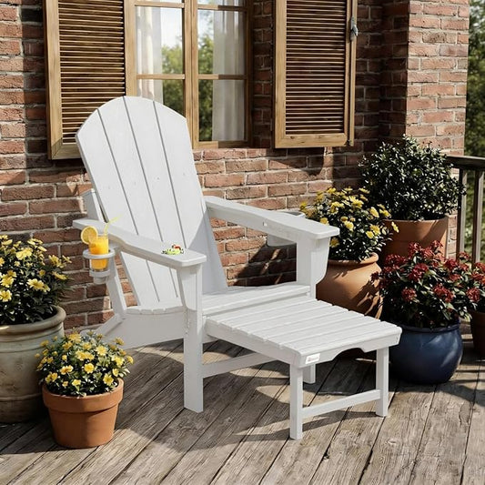 Mdeam 3-Level Adjustable Adirondack Chair with Retractable Ottoman, HDPE All-Weather Folding Fire Pit Chair with 2 Cup Holders, Outdoor Chair for Deck Patio Garden Backyard Lawn (White)