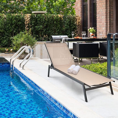 Giantex Chaise Lounge Chair Patio Chaise Lounger with 6-Position Adjustable Backrest and Breathable Fabric, Outdoor Recliner for Patio, Poolside, Backyard and Garden (1, Beige)