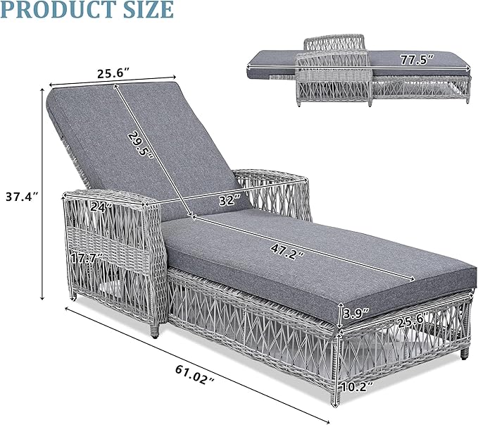 Outdoor Long Reclining Chaise, Wicker Lounge with Armrests, Patio Adjustable Recliner with Soft Removable Cushions, All Weather Rattan Chaise Lounge for Poolside & Garden (Gray)