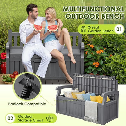 Greesum 80 Gallon Heavy-Duty Outdoor Storage Bench with Cushion, UV-Resistant Resin Bench with Armrest, Deck Box for Garden, Poolside, Patio, Dark Grey