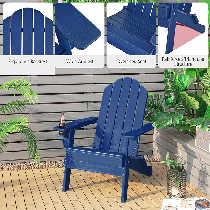 Giantex 2-Pack Adirondack Chair, Outdoor Folding Chairs, HDPE Weather Resistant Patio Chair with Built-in Cup Holder, Lawn Chair for Yard, Balcony, Deck, Outside, Campfire, Plastic Fire Pit Chair