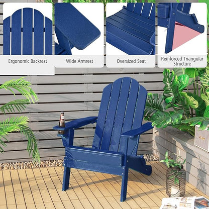 Giantex Adirondack Chair, Outdoor Folding Chairs, HDPE Weather Resistant Patio Chair with Built-in Cup Holder, Lawn Chair for Yard, Balcony, Deck, Outside, Campfire, Plastic Fire Pit Chair (1, Navy)