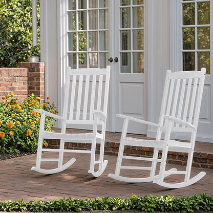 Flamaker Acacia Wood Patio Rocking Chair Set of 2, High Back and Widen Armrest for Adults, Solid Wood Porch Rocking Chair for Lawn, Garden, Backyard (White)