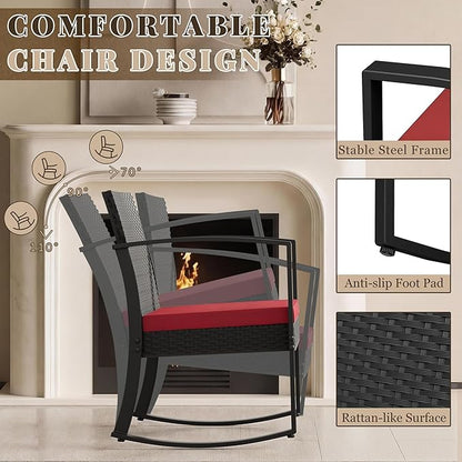 Homall Patio Furniture Set 3 Piece Resin Outdoor Bistro Set Rocking Patio Chairs with Cushions and Table for Porch, Poolside, Balcony and Yard (Red)