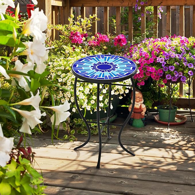 Mosaic Outdoor Side Table, Patio Side Table, Weather Resistant 14" Diameter 21" H Ceramic Tile Round Outside Table for Patio, Porch, Garden, Pool, Indoor&Outdoor,Plant Stand (Vortex)