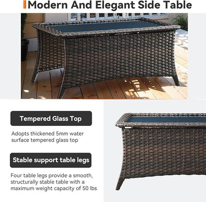 Outdoor Coffee Table - Patio Rattan Wicker Coffee Table with Tempered Glass Top Outdoor Table for Deck Porch Balcony Garden - Brown