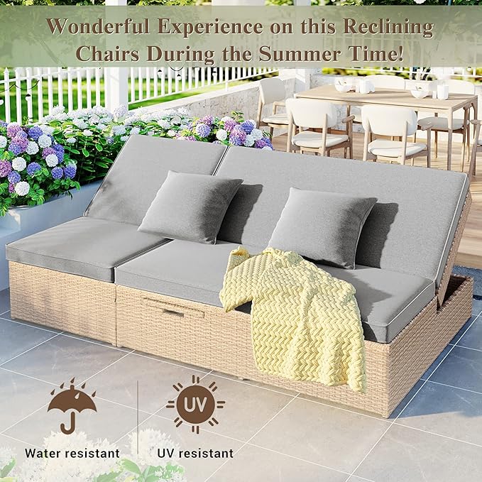 Patio Rattan Sunbed, All Weather Outdoor Wicker Double Daybed with Adjustable Backrest and Cup Tray - Photo 4