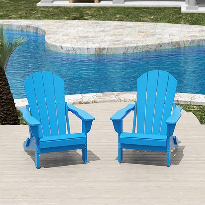 Costaelm Folding Patio Chairs Set of 2, Hdpe Adirondack Chairs Front Porch Furniture Outdoor Seating, All Weather Tanning Chair for Backyard Firepit Garden Lawn, Pacific Blue