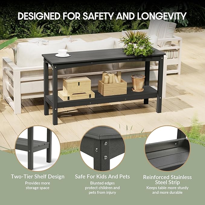 WestinTrends Malibu 55" Outdoor Patio HDPE Adirondack 2-Tier Shelf Console Table, Gray - Photo 7