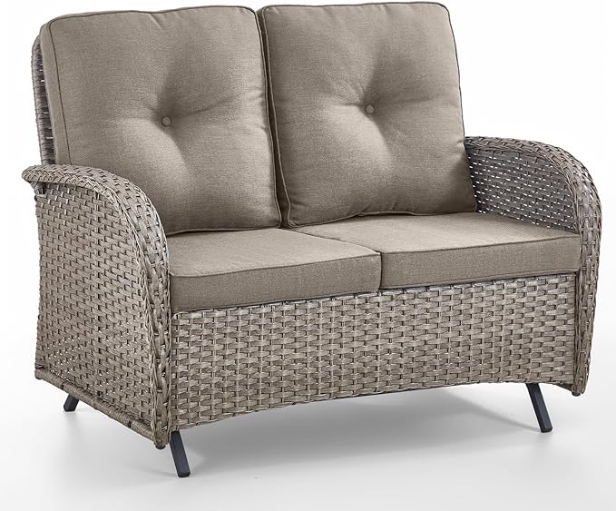 Outdoor Glider Bench-2 Seater Patio Glider Loveseat with High Back and Deep Seating Outdoor Couch for Deck Porch Garden Balcony Poolside-Grey/Grey