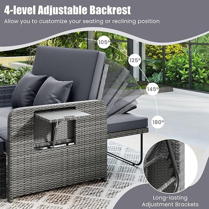 LDAILY Moccha Outdoor Daybed, Wicker Loveseat Sofa Set with 4-Postion Adjustable Backrest, Storage Ottoman, Cushions, Rattan Double Bed Lounger, Patio Furniture Set (Mixed Gray+Gray)