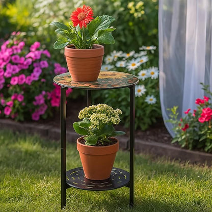 2-Tier Metal Round Side Table Black Accent Coffee Tables Small Space Corner Plant Stand Shelf for Indoor Outdoor Use Patio Balcony End Table Flower Print Weather-Resistant