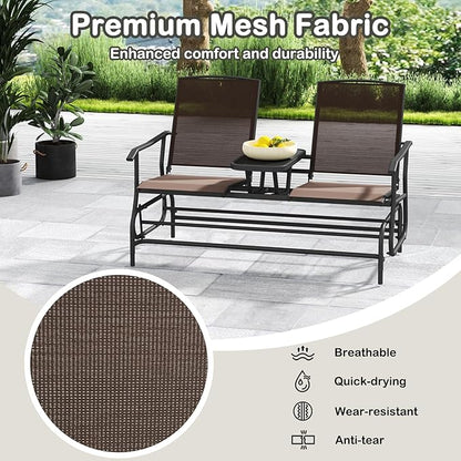 Tangkula 2 Person Swing Glider Chair, Patio Rocking Loveseat w/Center Tempered Glass Table, Outdoor Swing Bench w/Steel Frame & Breathable Mesh Fabric for Porch, Balcony, Poolside (Brown)
