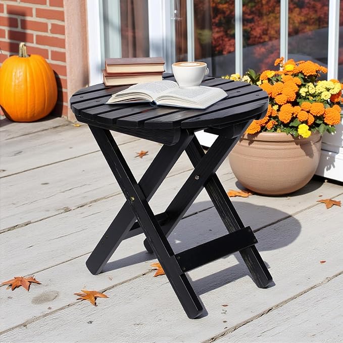 Shine Company Round Wooden Folding Solid Wood Side Table, Outdoor Adirondack Small Patio Table, Black