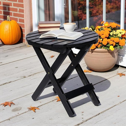 Shine Company Round Wooden Folding Solid Wood Side Table, Outdoor Adirondack Small Patio Table, Black