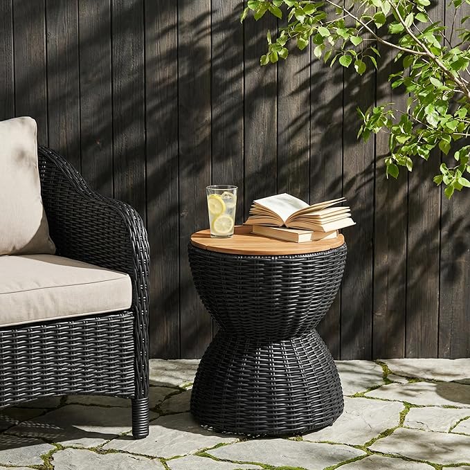 Christopher Knight Home Denhill 15.25" Outdoor Side Table, Round Patio End Table with Wood Top and Wicker Base, Small Outdoor Coffee Table for Balcony Garden, Accent Garden Stool, Black+Natural
