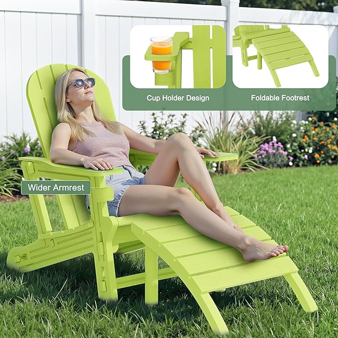 JY QAQA Outdoor Adirondack Chair Set of 2 with Detachable Table & Ottoman, All-Weather HDPE Patio Furniture with Wood Texture & Cup Holder for Patio, Poolside, Garden, Green