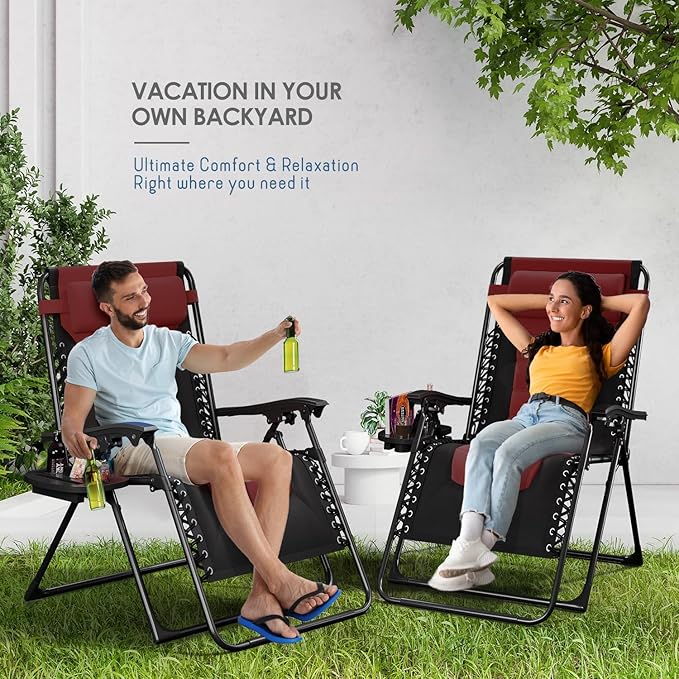 Nestl Outdoor Padded Zero Gravity Chair Set of 2, Patio Lounge Chair Outdoor Recliner, Oversized Anti Gravity Lounger with Adjustable Headrest and Cup Holder, Foldable for Camping - Black/Burgundy