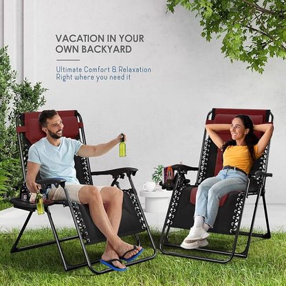 Nestl Outdoor Padded Zero Gravity Chair Set of 2, Patio Lounge Chair Outdoor Recliner, Oversized Anti Gravity Lounger with Adjustable Headrest and Cup Holder, Foldable for Camping - Black/Burgundy