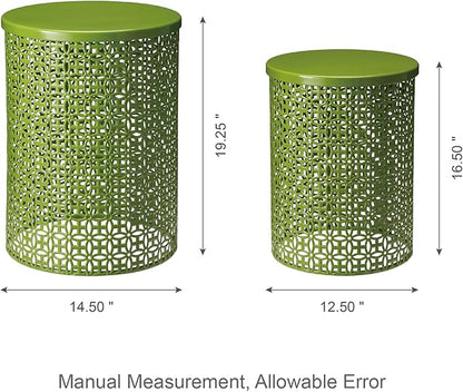 Glitzhome Outdoor Side Table Set of 2, Decorative Garden Stool for Patio Heavy Duty Metal Frame Accent Table Modern End Table, Glossy Green