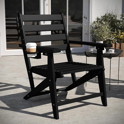 Flash Furniture Tolleson Adirondack Dining Chair with Cup Holder, Commercial Weather Resistant Recycled HDPE Adirondack Chair, Fold Out Cupholder, Black